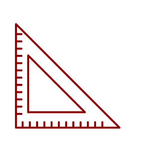 Red right triangle ruler with measurement marks.