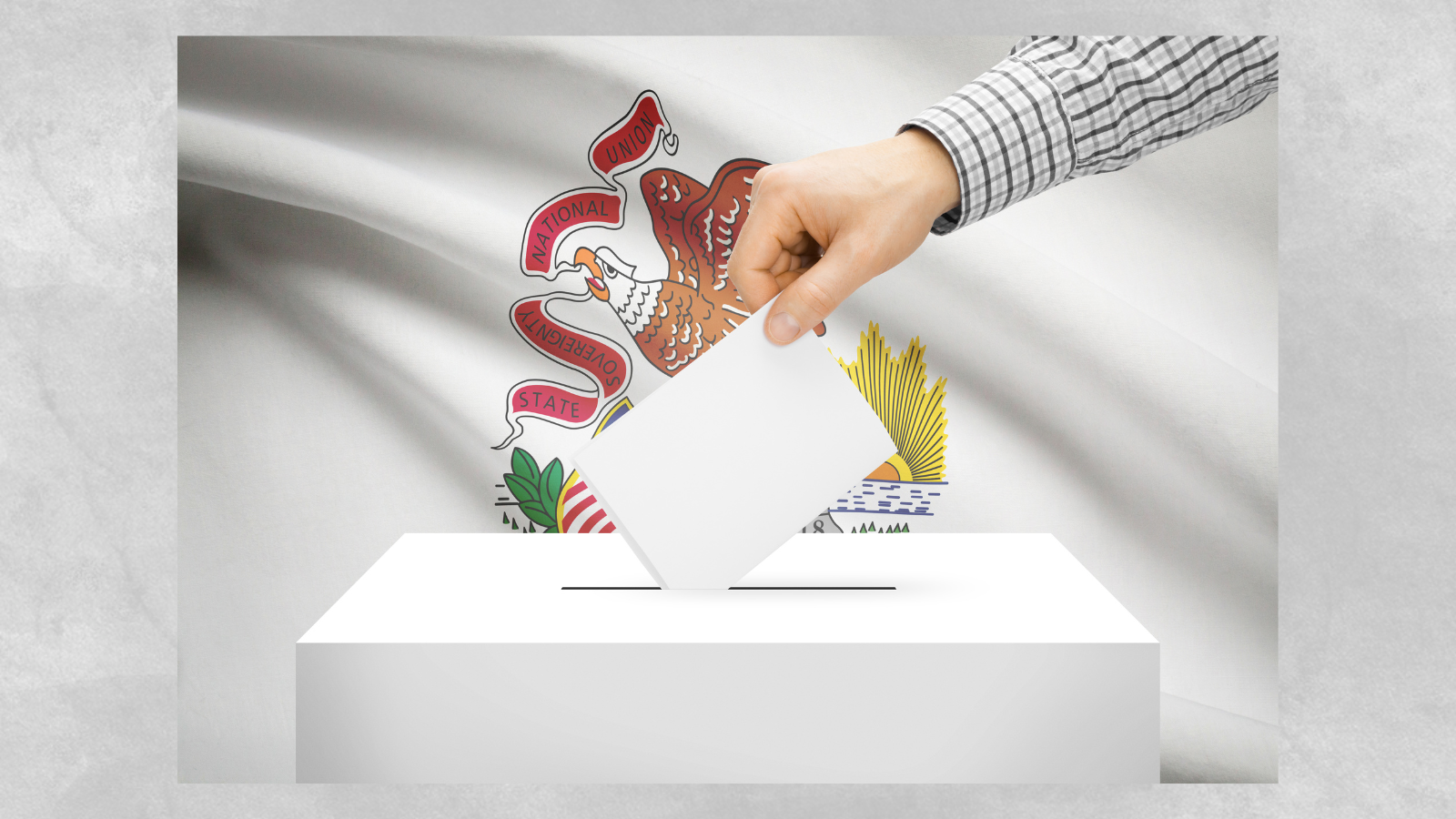 Photo of a hand casting a ballot in a box in front of an Illinois flag