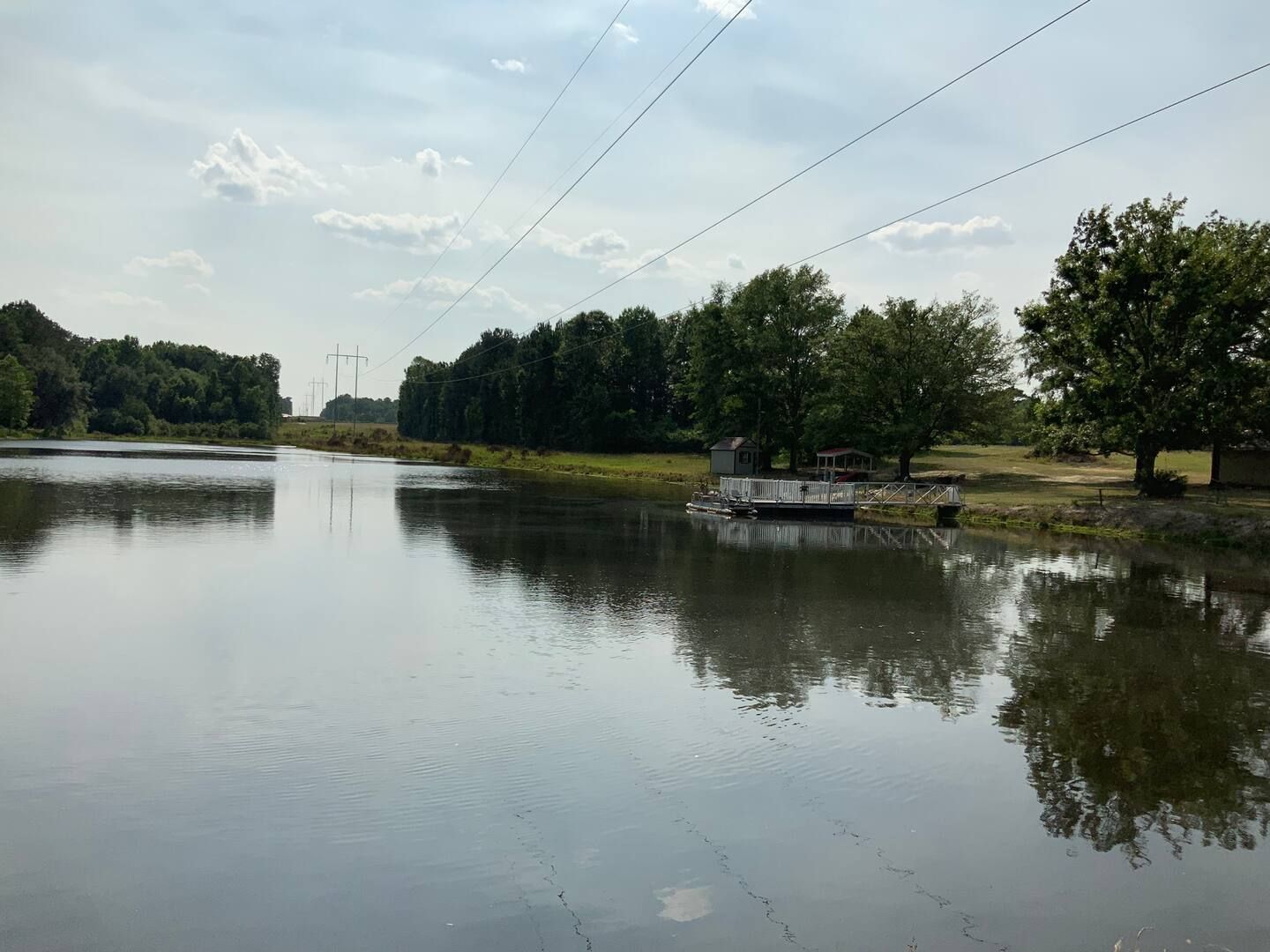 A large body of water surrounded by trees and power lines.