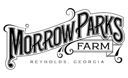 A black and white logo for morrow parks farm in reynolds , georgia.