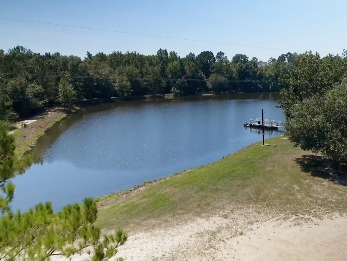 A large body of water surrounded by trees and grass