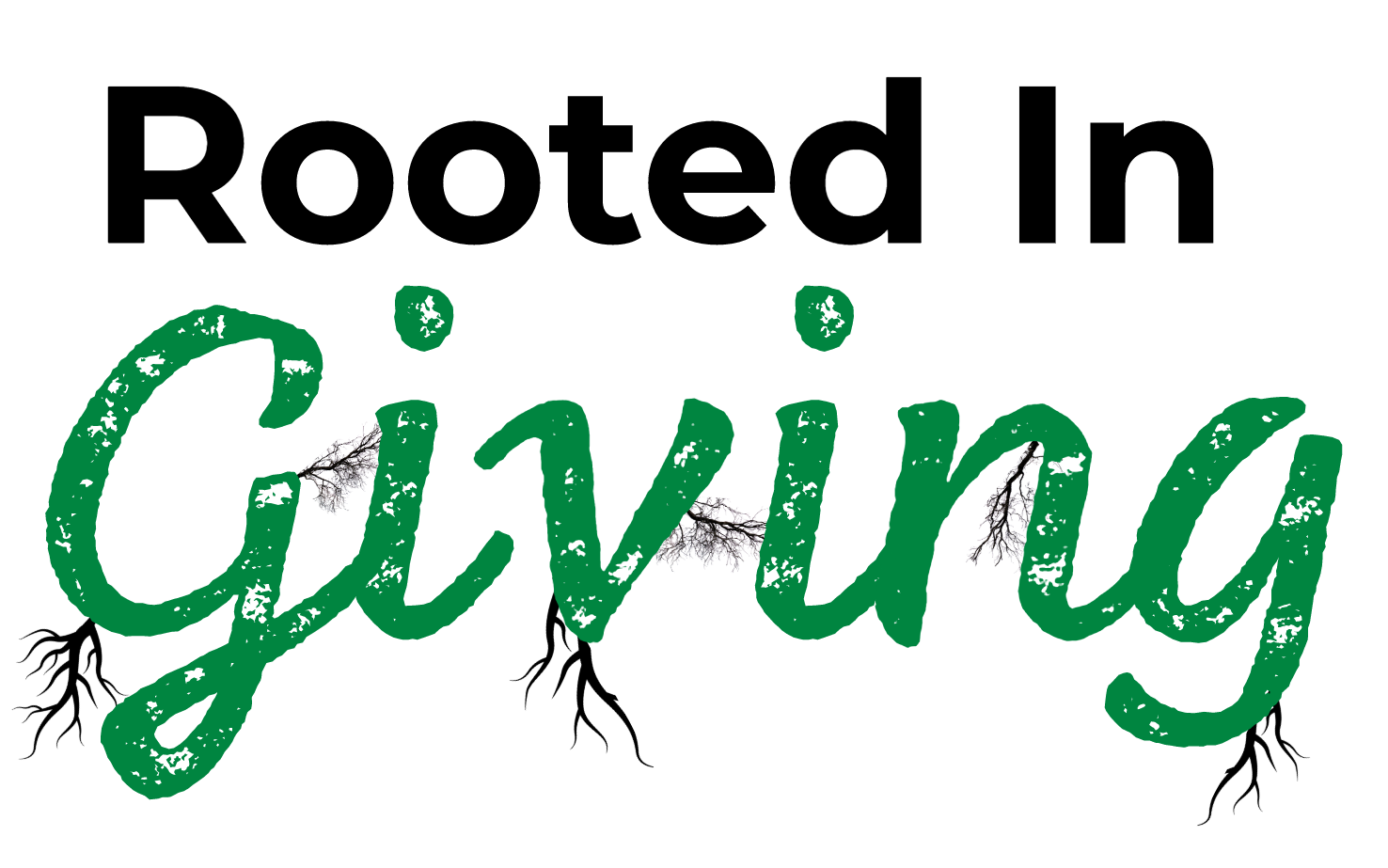 A logo that says `` rooted in giving '' with roots coming out of it.