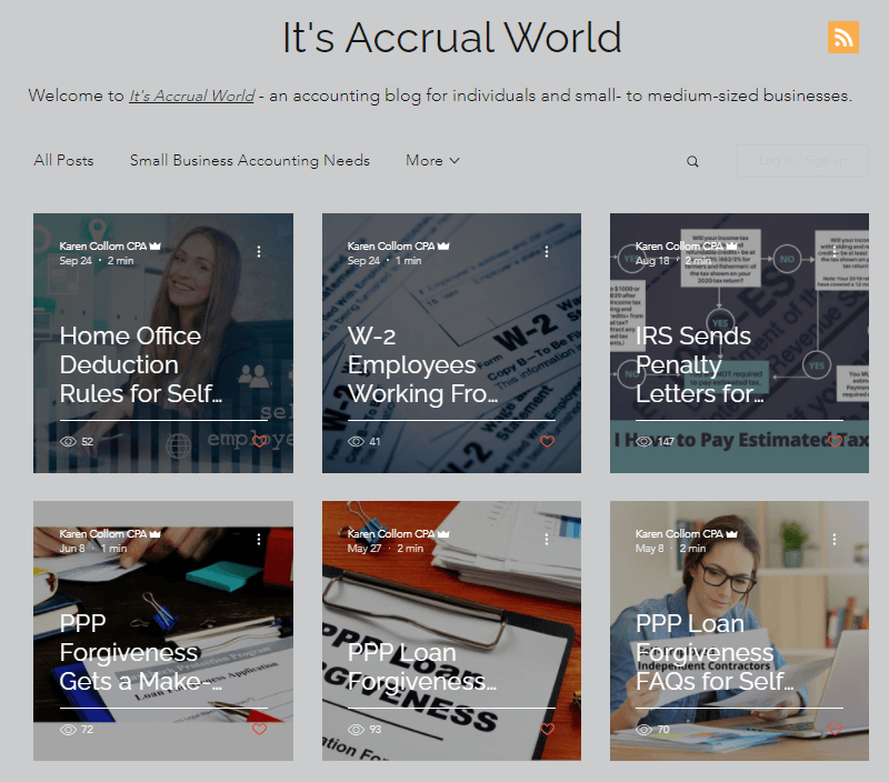 Website homepage with blog posts about accounting.