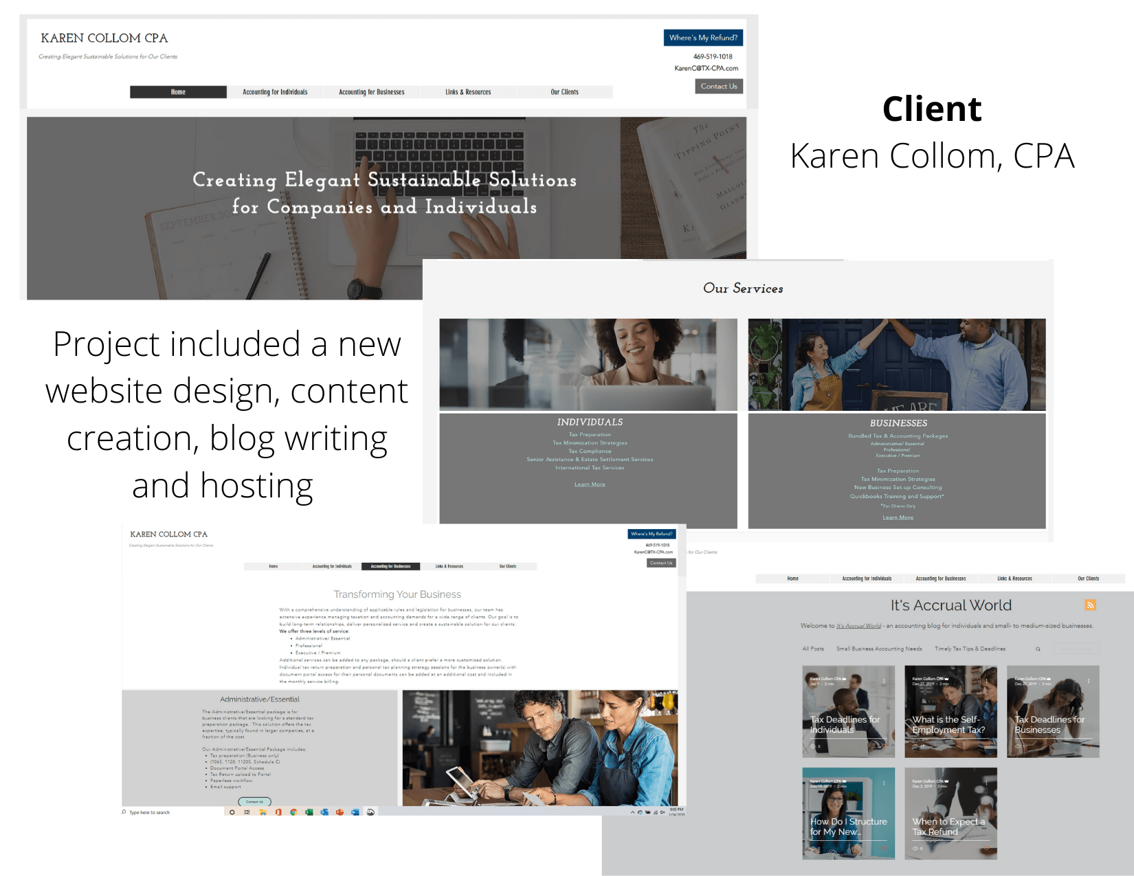 Website design project screenshots for Karen Collom, CPA, including content creation, blog writing, and hosting.