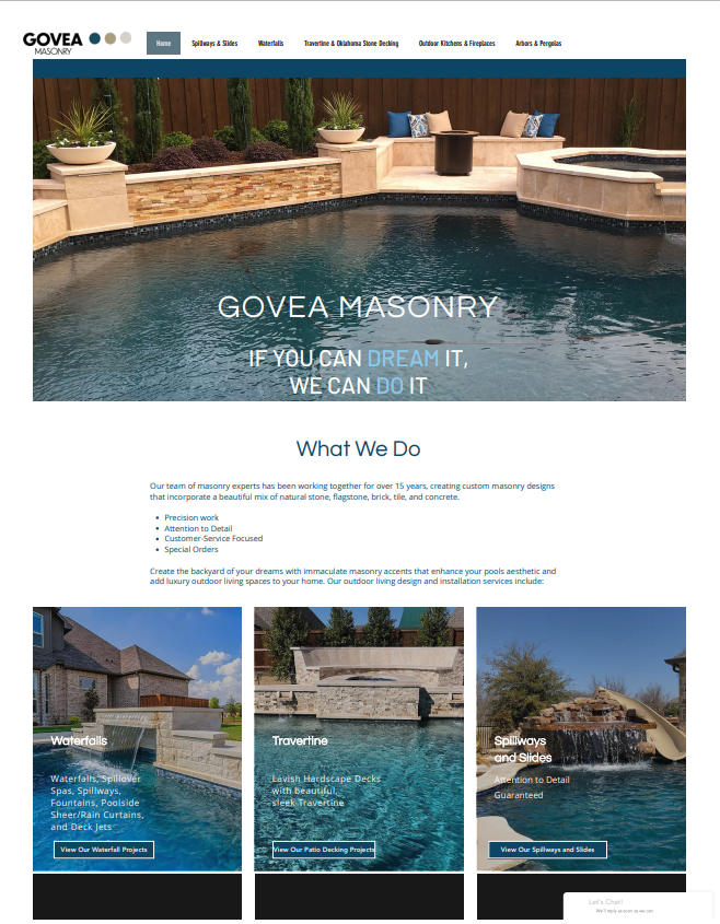 Govea Masonry website featuring a pool with masonry work. 