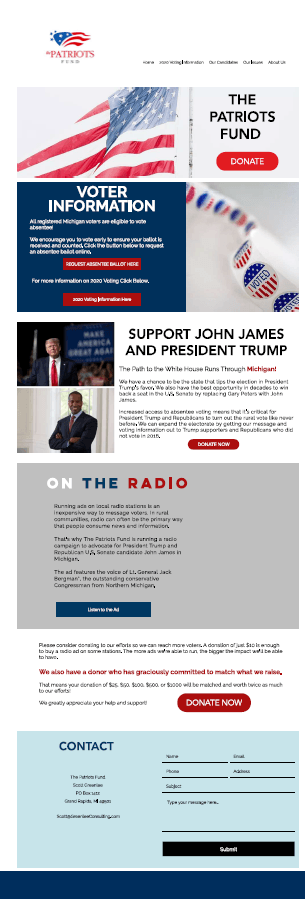 Website for The Patriots Fund; provides voter information and support for John James and President Trump.