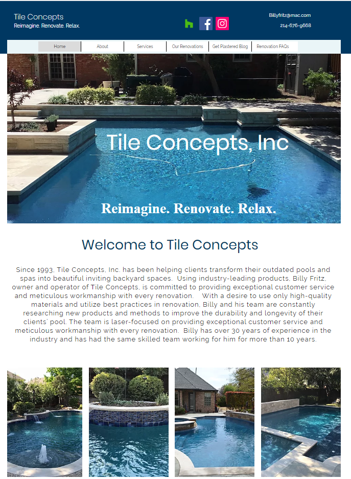 Homepage of Tile Concepts, Inc. with pool images and the slogan 