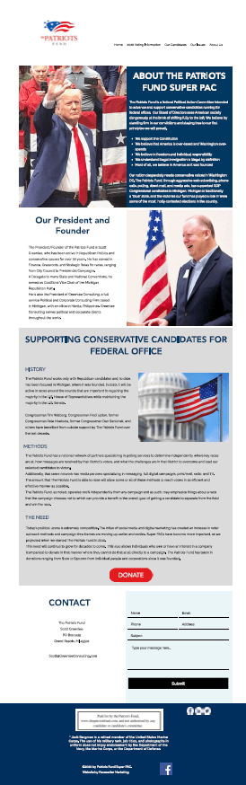 Website of a Super PAC, featuring content on supporting conservative candidates, with contact and donation form.