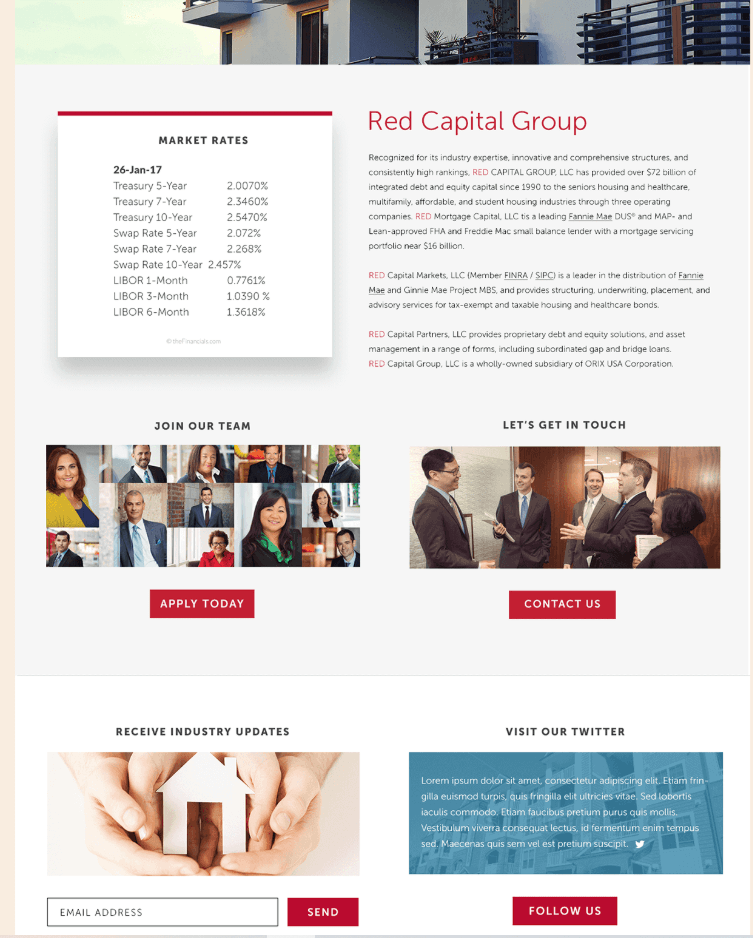 Webpage for Red Capital Group with mortgage rates and contact information.