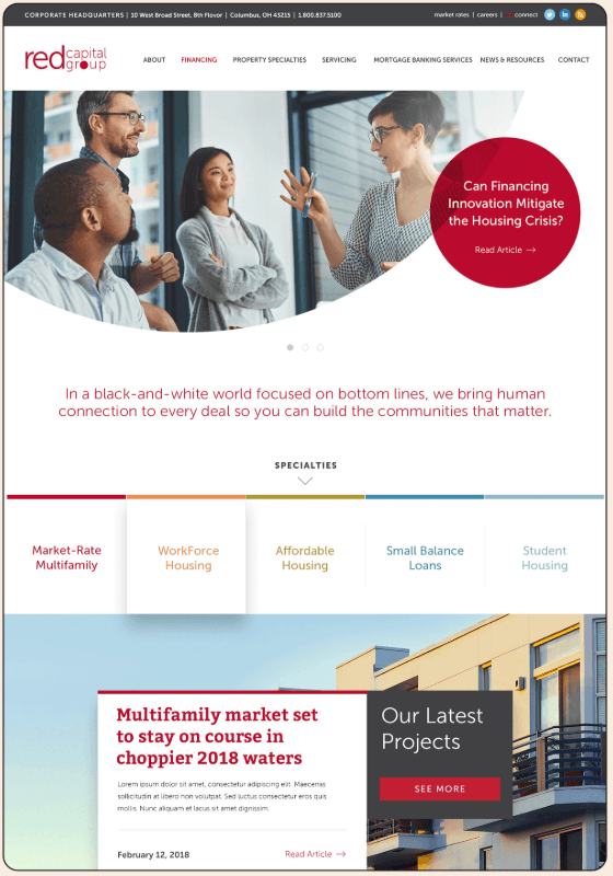 Website homepage: Red Stone. People collaborating, article on housing, and project highlights.