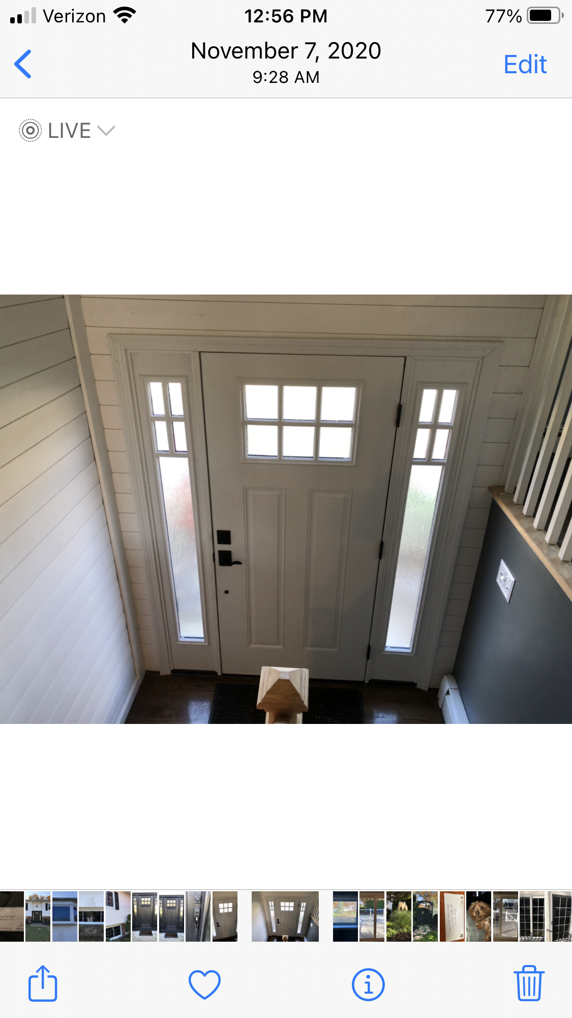 A phone screen shows a picture of a white door.