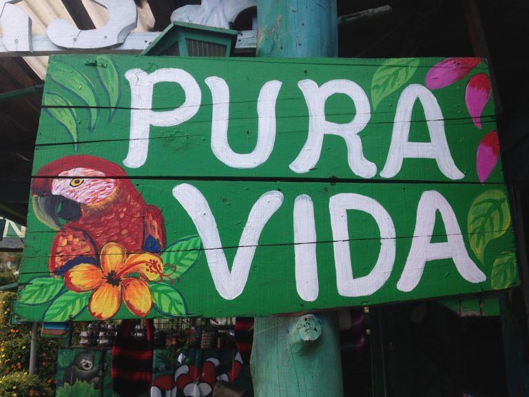 A green sign that says pura vida on it