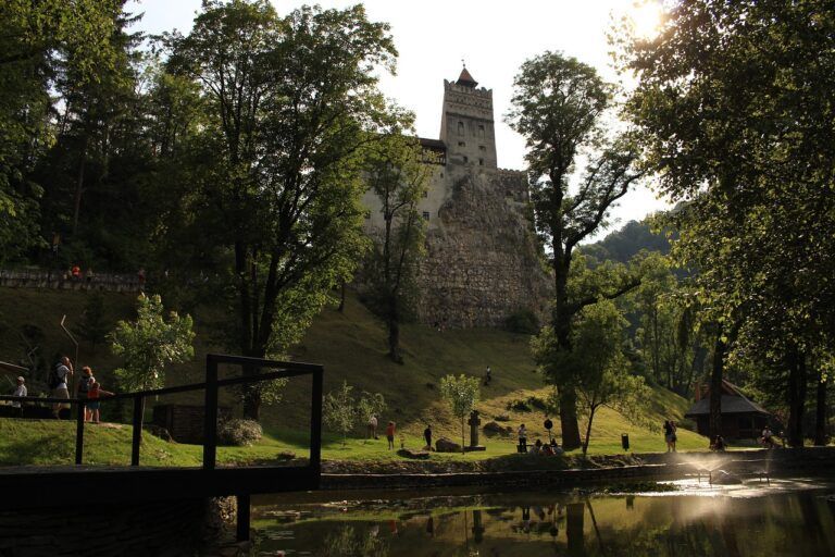 A castle is surrounded by trees and a body of water