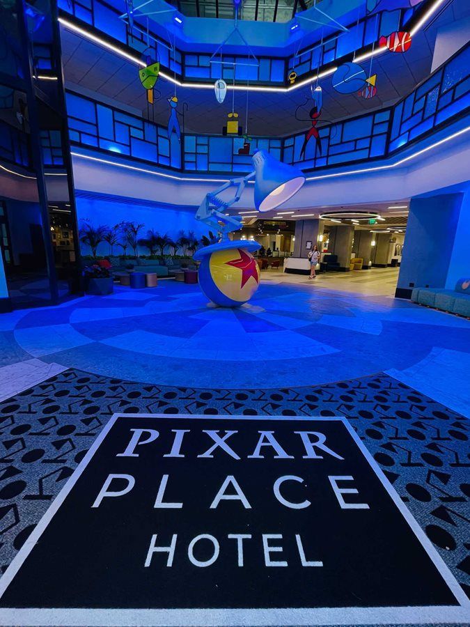 The pixar place hotel is located in a large building