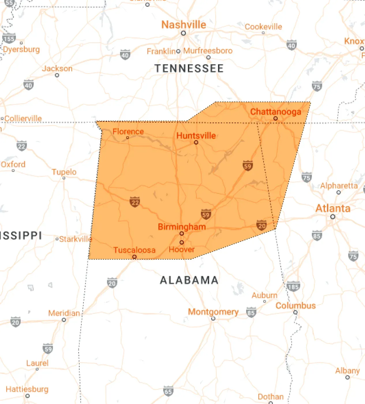 A map of tennessee and alabama showing a large orange area