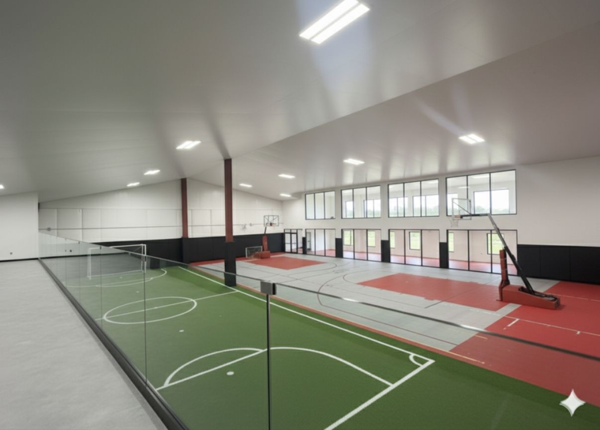 Indoor sports court with basketball hoops, glass barrier, and green/red playing surfaces.