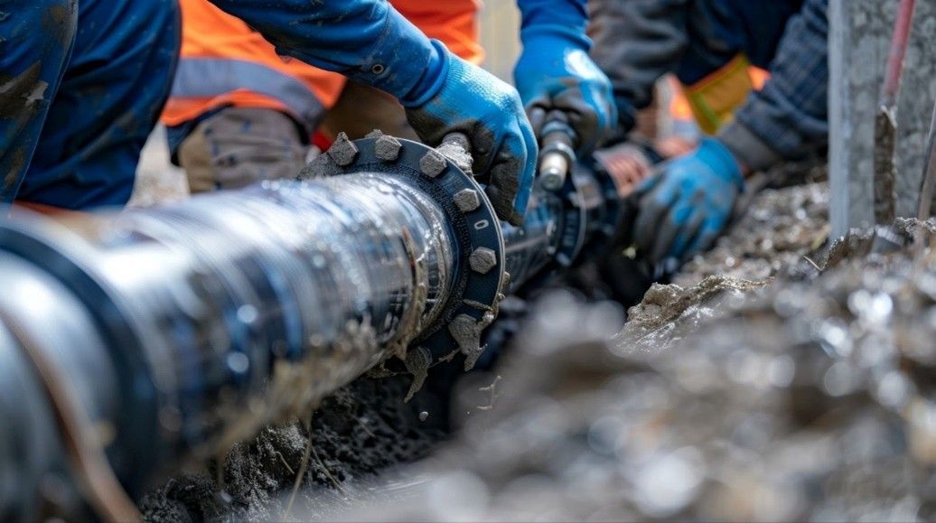 Workers in blue gloves connecting a large black pipe in a muddy trench.
