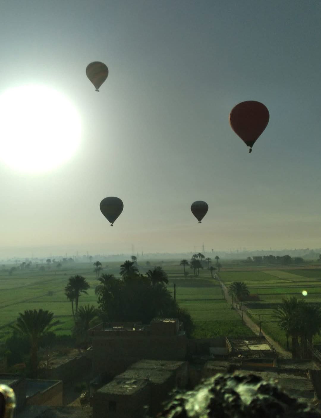 A group of hot air balloons are flying over a field