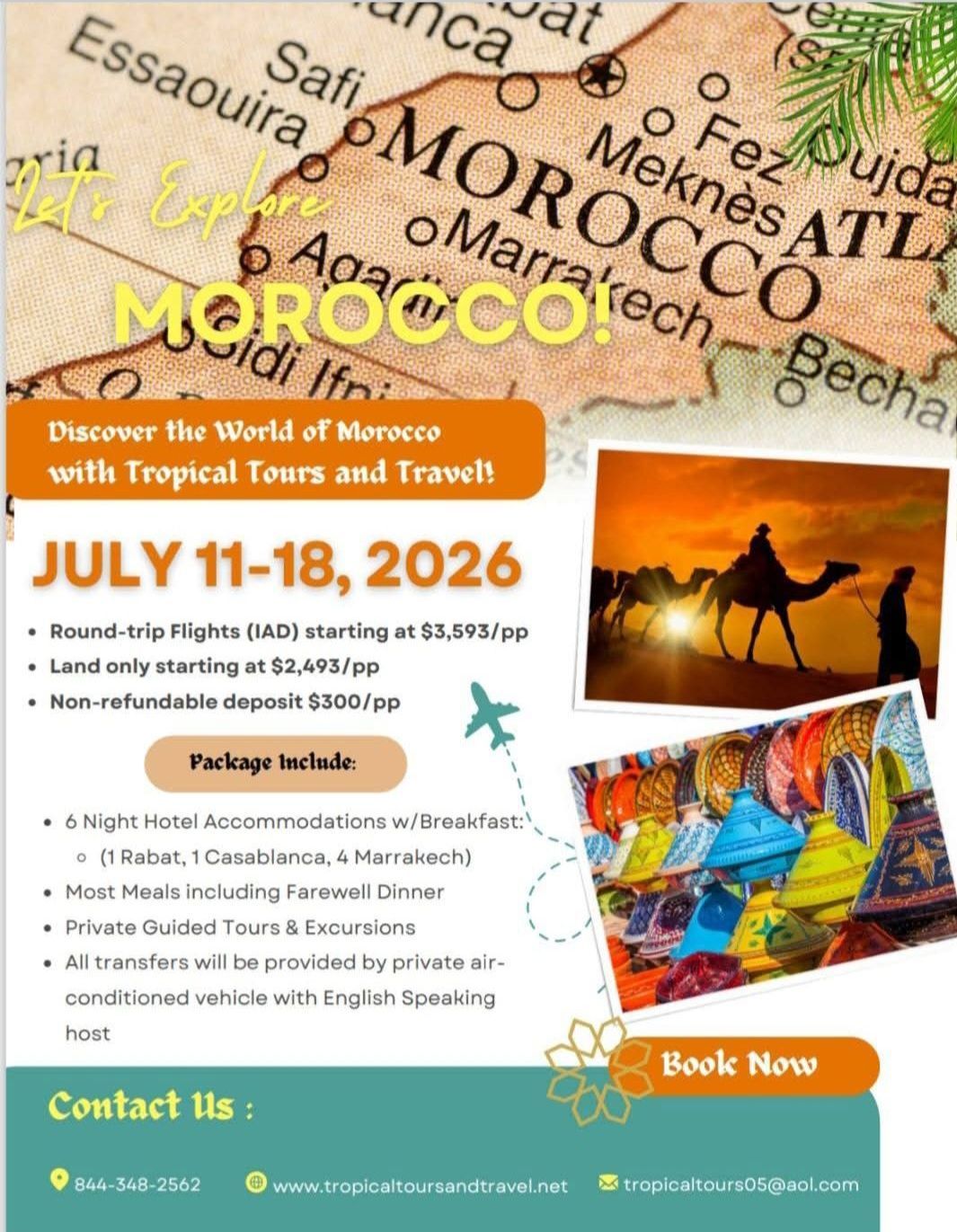 A flyer for a trip to morocco from july 11 to 18 , 2026.