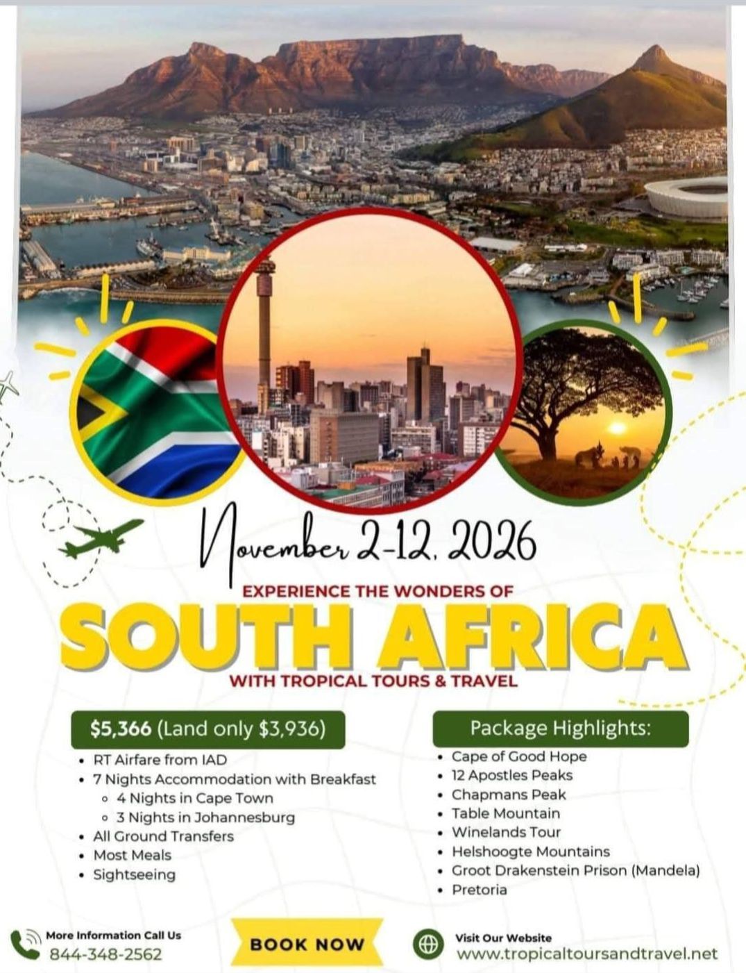 A poster for a trip to south africa in november 2-12 2026