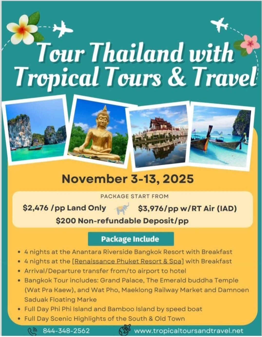 A poster for a tour of thailand with tropical tours and travel