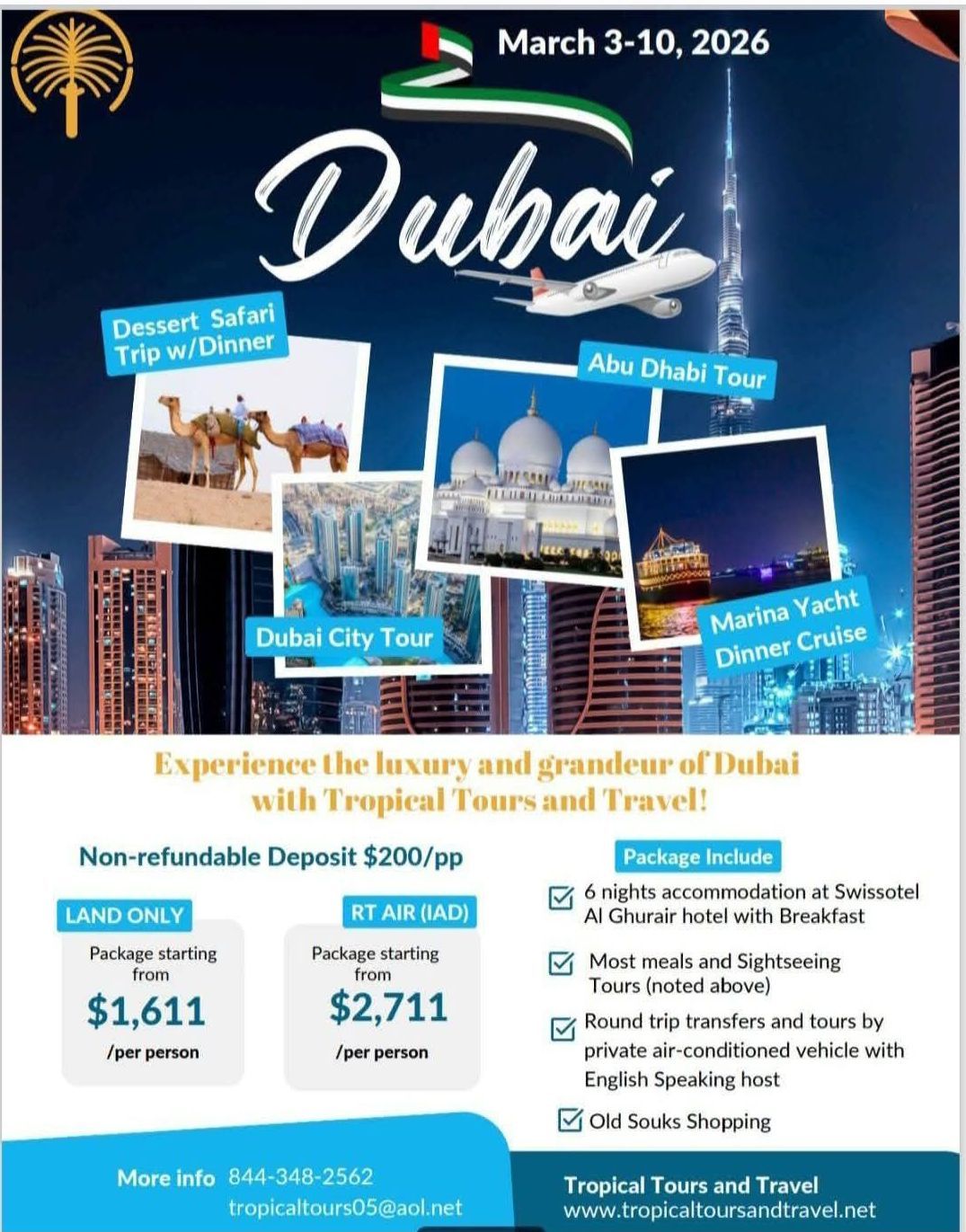 A poster for dubai shows a plane flying over a city.