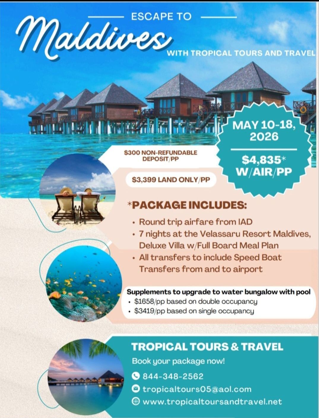 An advertisement for maldives with tropical tours and travel