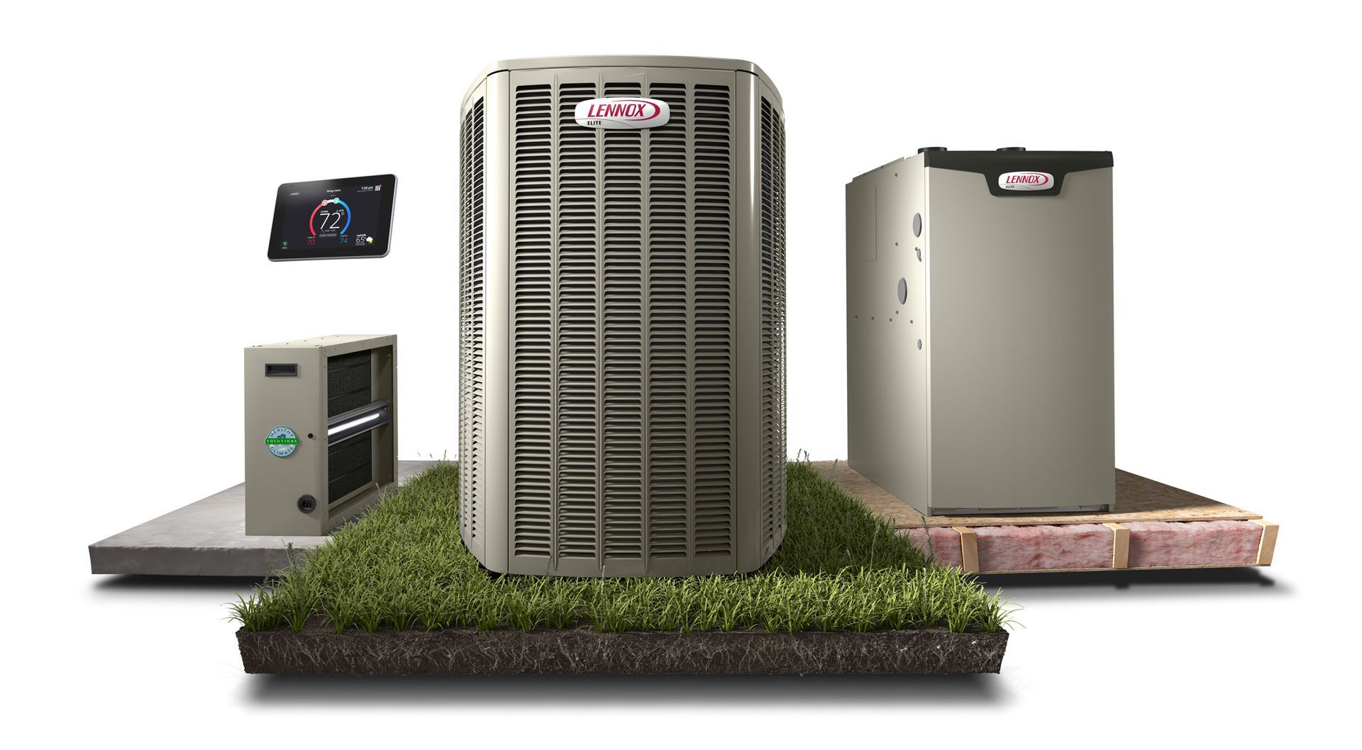 A lennox air conditioner is sitting on top of a pile of grass