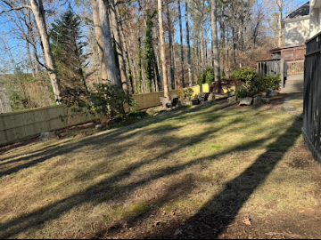 Grassy backyard with a wooden fence, trees, and long shadows on a sunny day.