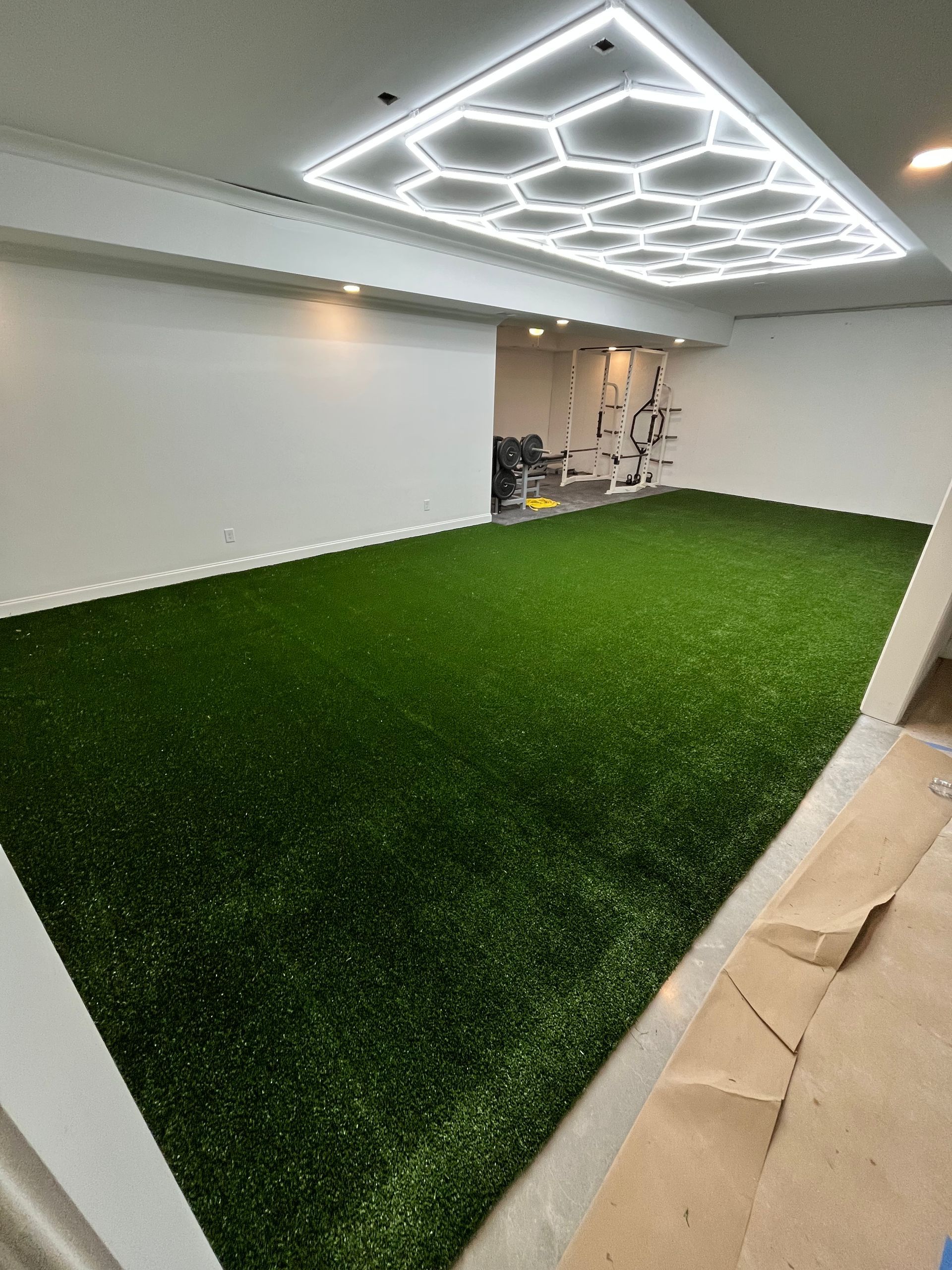 Indoor room with green turf floor, white walls, and a honeycomb-patterned ceiling light.