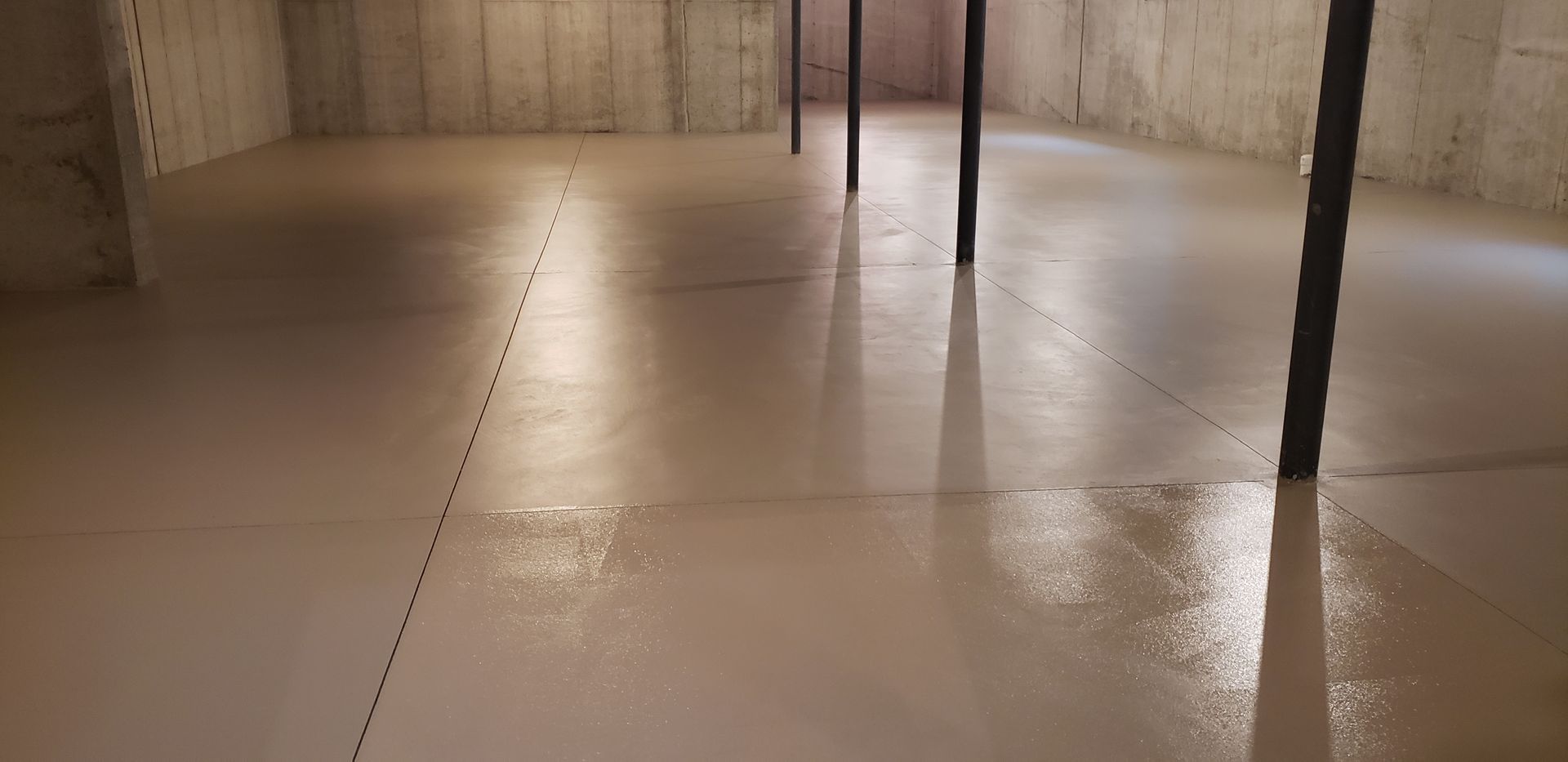 A basement with a concrete floor and metal poles.