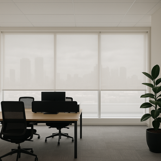 Uma sala com persianas, uma mesa e cadeiras e uma planta