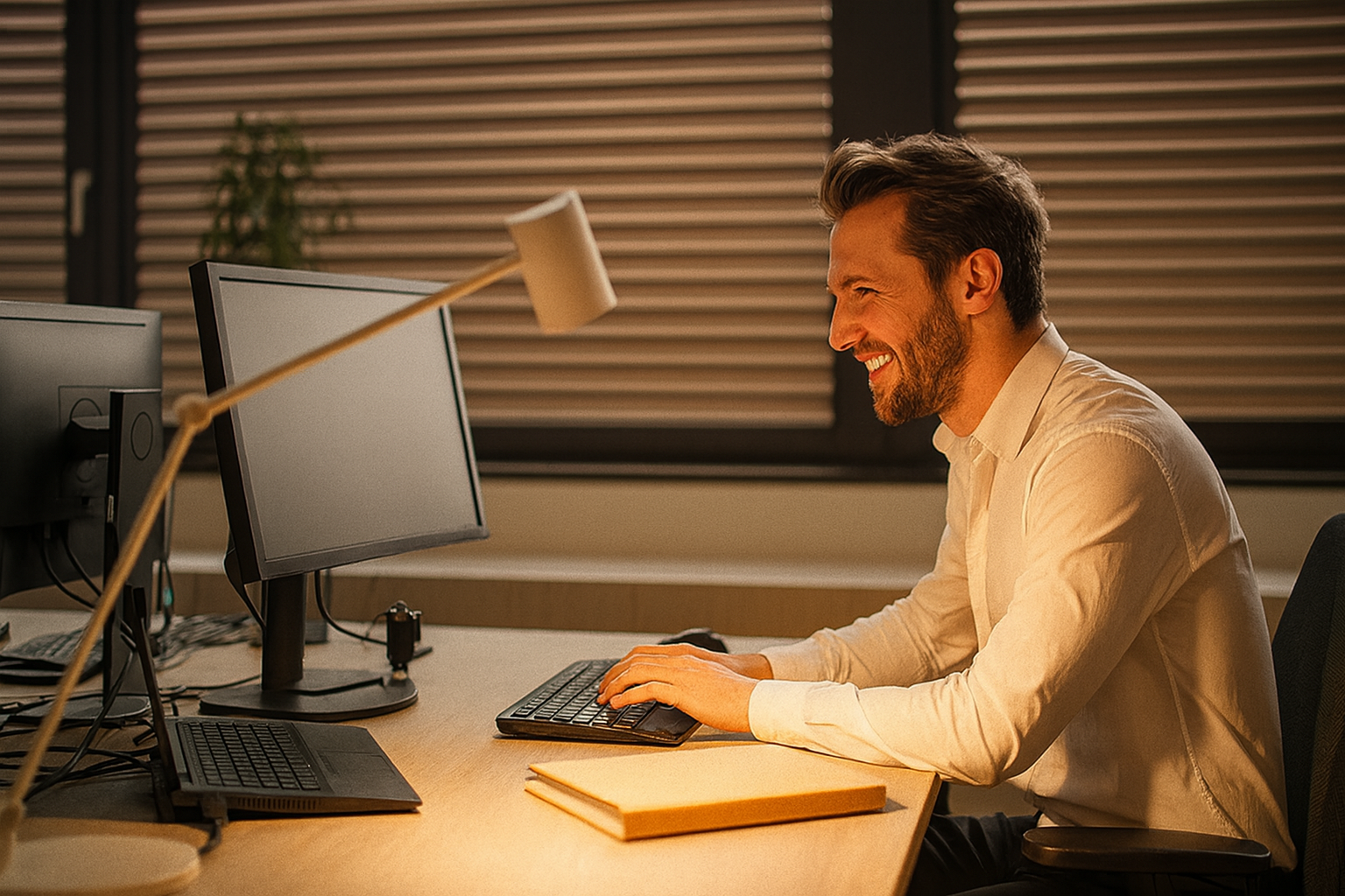 Homem sorri enquanto trabalha em seu computador em um escritório, camisa branca, mesa, luz natural.