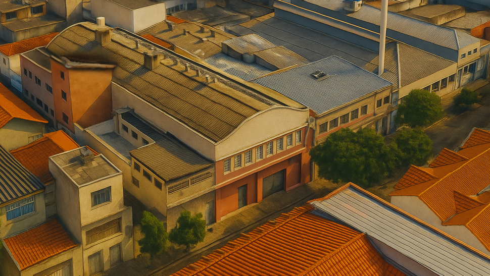 Janela com persianas prateadas fechadas, obscurecendo parcialmente a vista da cidade. Sombras projetam-se sobre uma mesa.