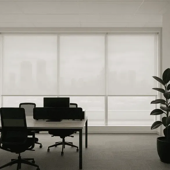 Interior de escritório com mesas, cadeiras, computadores e plantas em vasos perto de uma grande janela com persianas brancas.