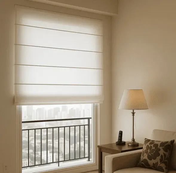 Persiana romana bege sobre uma janela com vista para a cidade, ao lado de um abajur aceso sobre uma mesa lateral e uma poltrona.