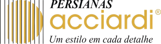 Logo of Persianas Acciardi, gold text, a circle design with vertical lines, and the tagline: 