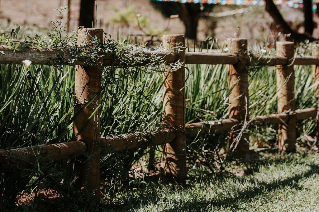 Uma cerca de madeira é cercada por grama alta em um campo.