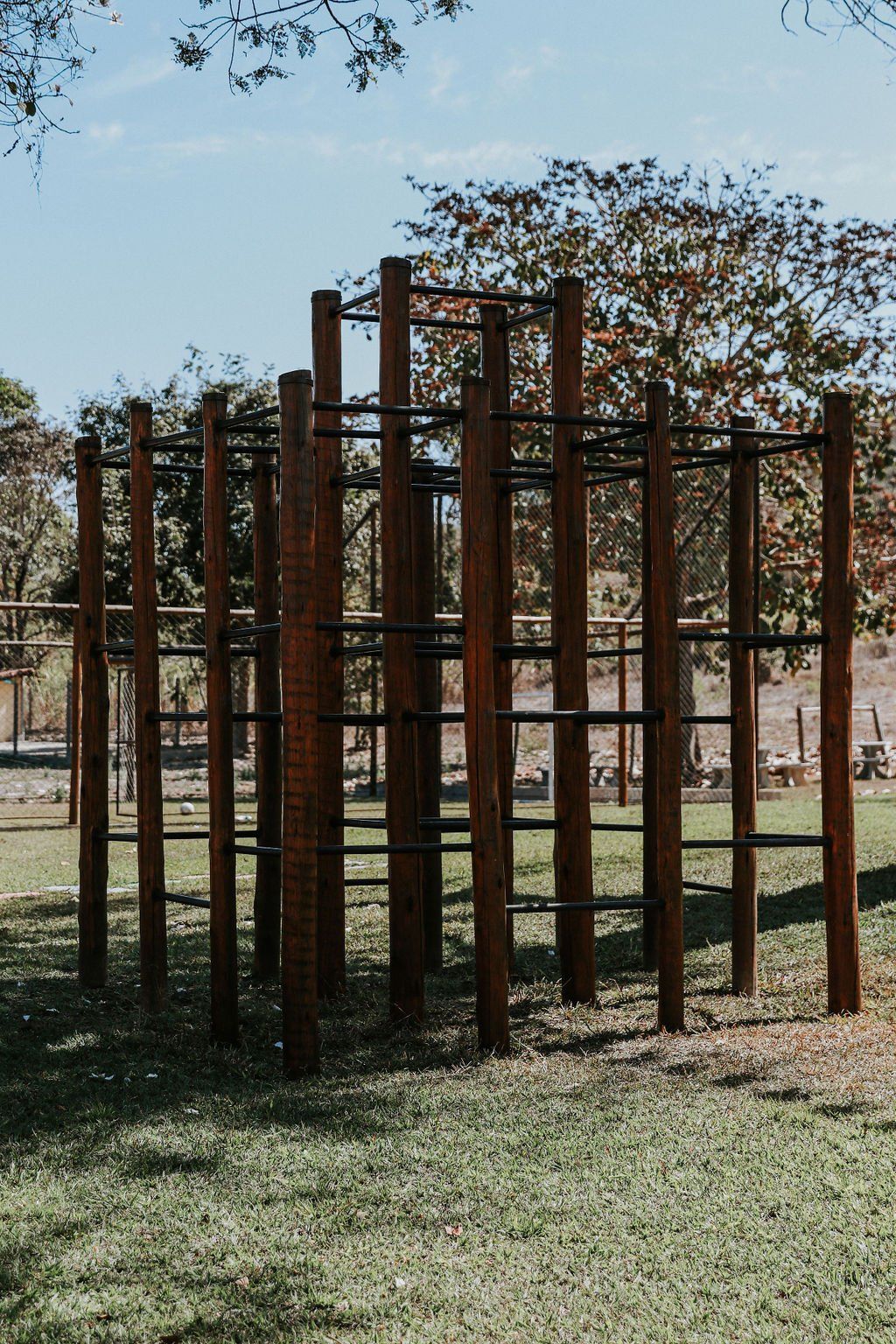 Uma fileira de postes de madeira com barras de escada em um parque.