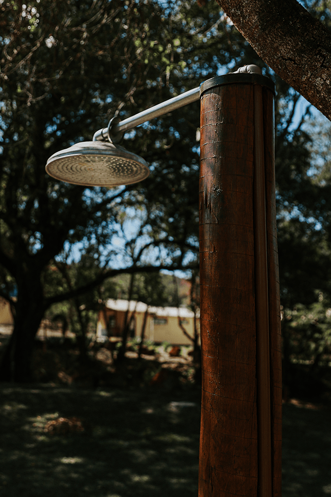 Um chuveiro de madeira está pendurado em uma árvore em um parque.