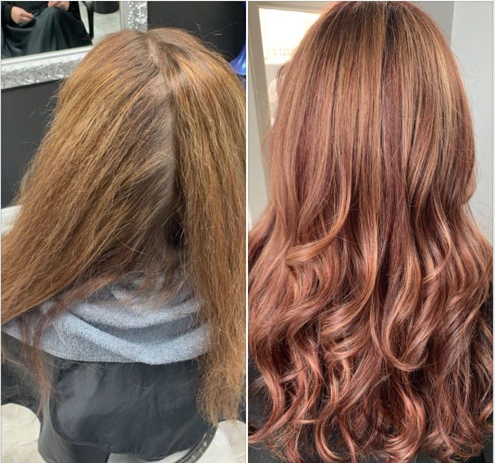 a before and after photo of a woman's hair