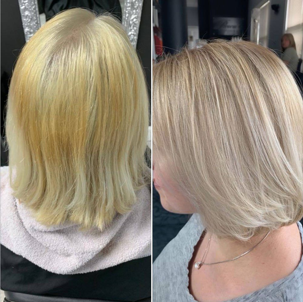 a before and after photo of a woman's blonde hair