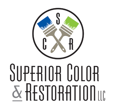 A logo for superior color and restoration llc with two paint brushes in a circle.