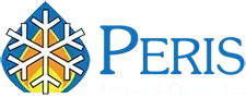 A blue and yellow logo with a snowflake and the word peris