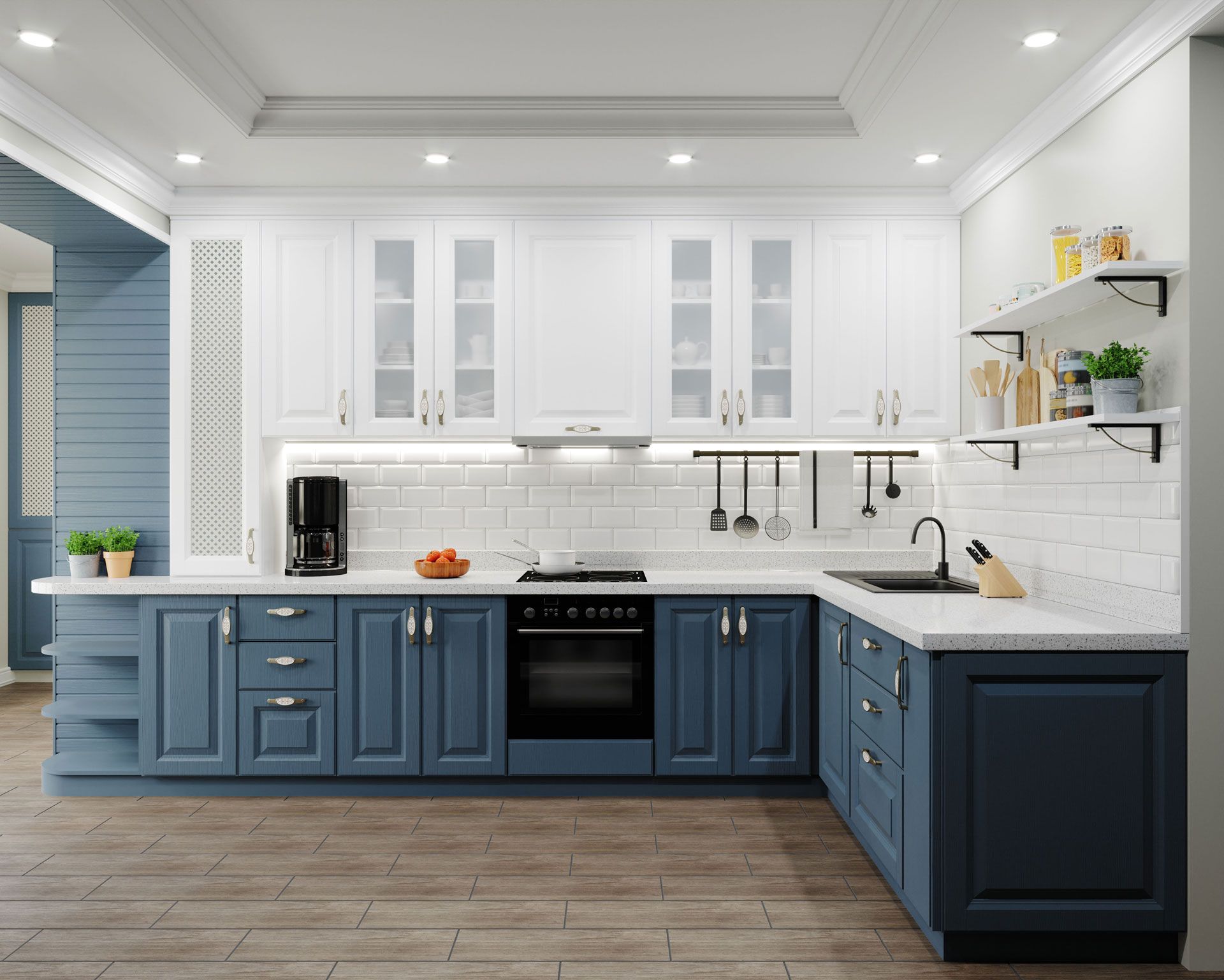A modern kitchen with blue and white cabinets, white countertops, and a black oven.