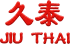 Red embroidered Chinese characters above “JIU THAI” in red letters on a white background