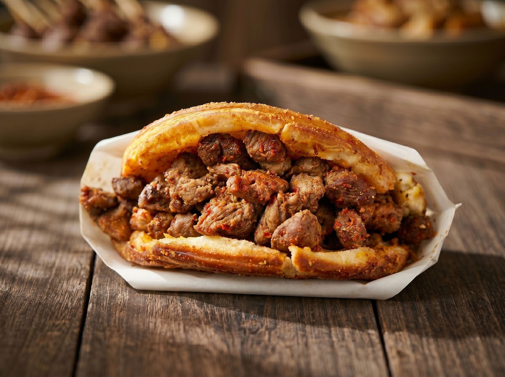 Sandwich stuffed with seasoned meat on a wooden table, with blurred bowls in the background