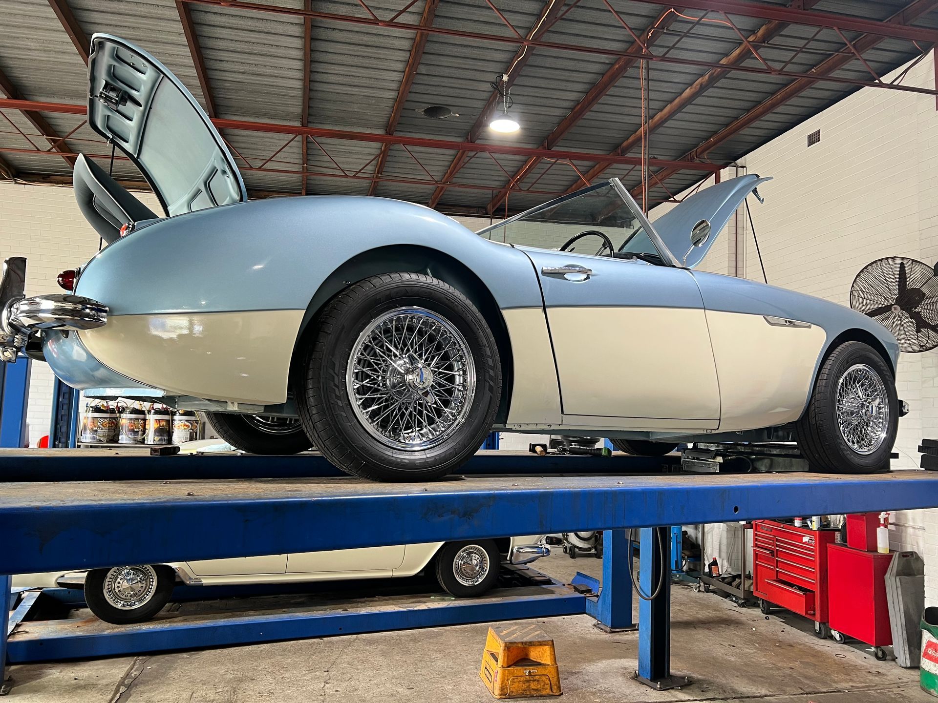 Blue and cream classic car on a lift in a garage, doors open.