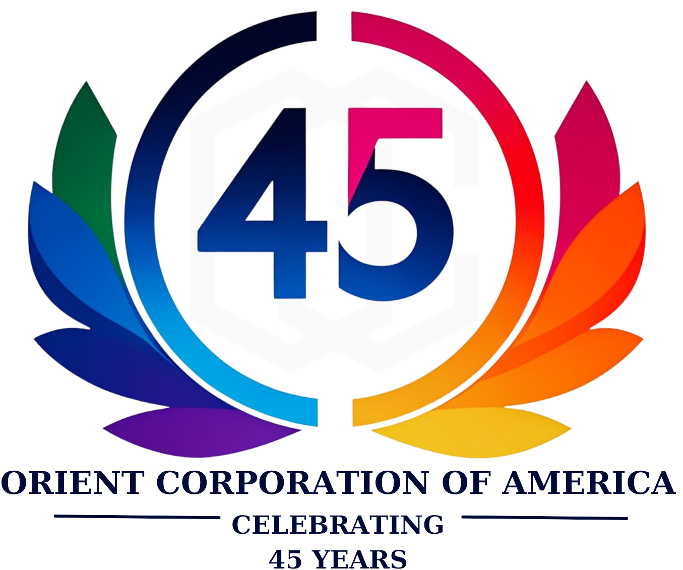 A logo for orient corporation of america celebrating 45 years
