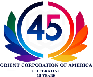 A logo for orient corporation of america celebrating 45 years